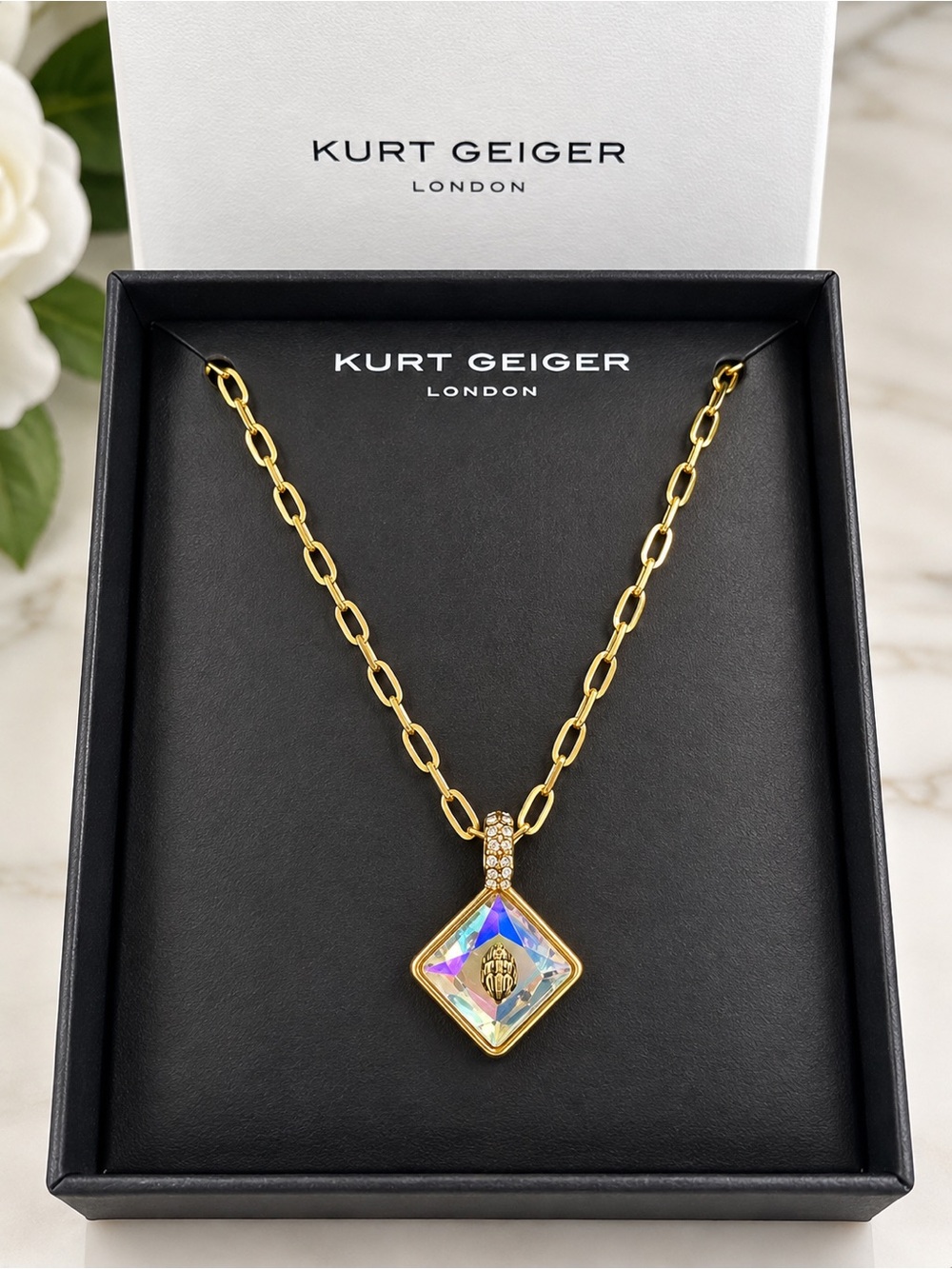 Kurt Geiger Gold Chain Necklace with Iridescent Pendant eagle